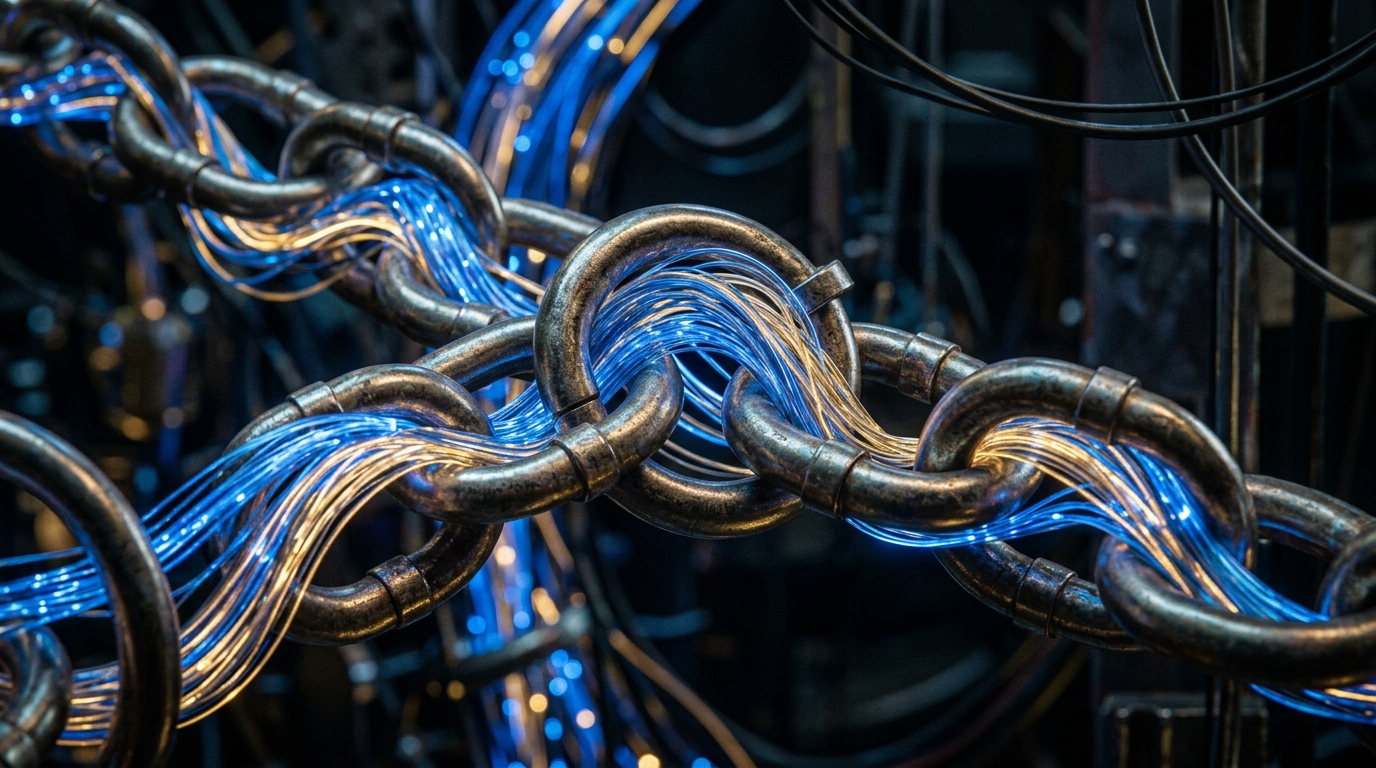 Glowing fiber optic cables weaving through metallic rings representing backlink mapping and link building.
