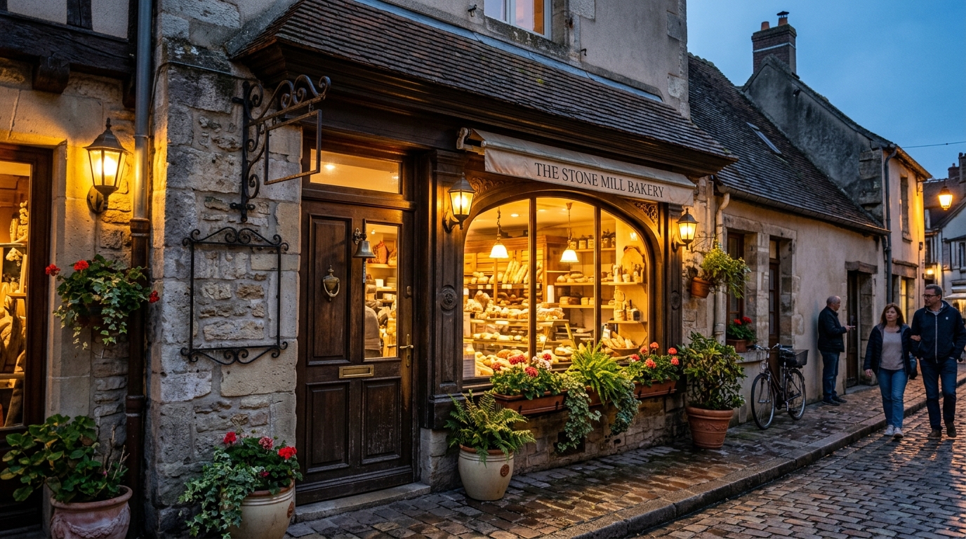 A charming local bakery storefront at twilight representing local SEO and small business visibility.