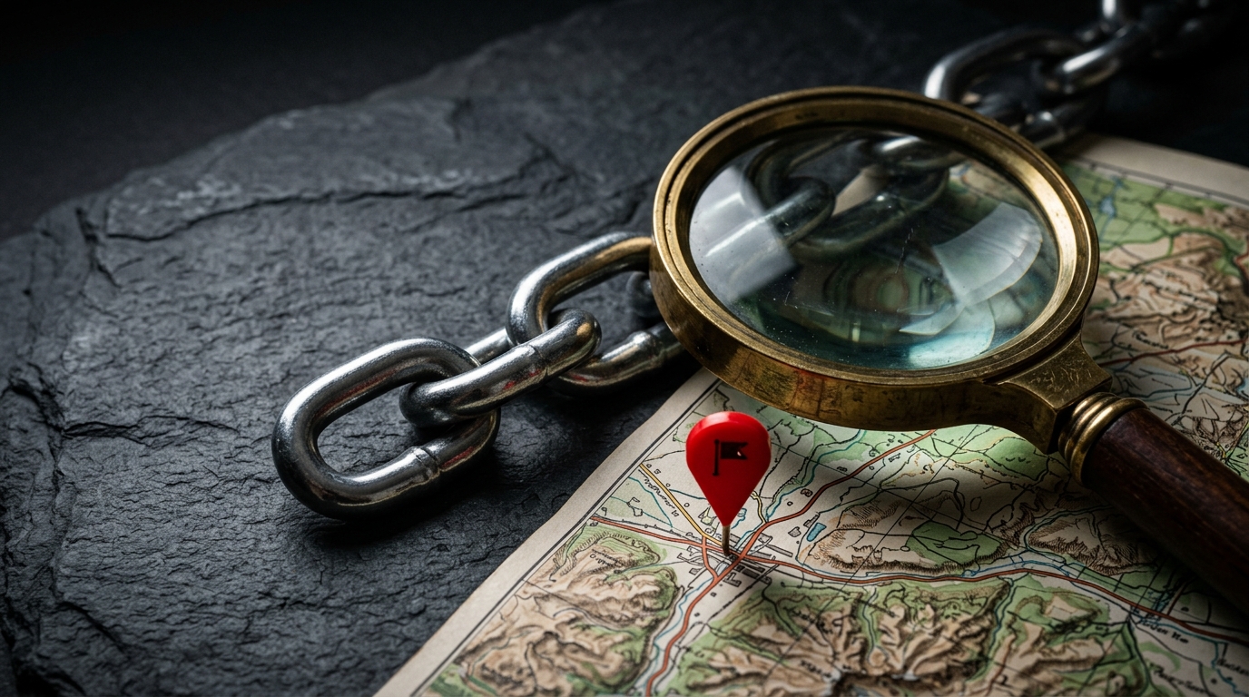 Steel chain, brass magnifying glass, and map with location pin representing SEO tools.