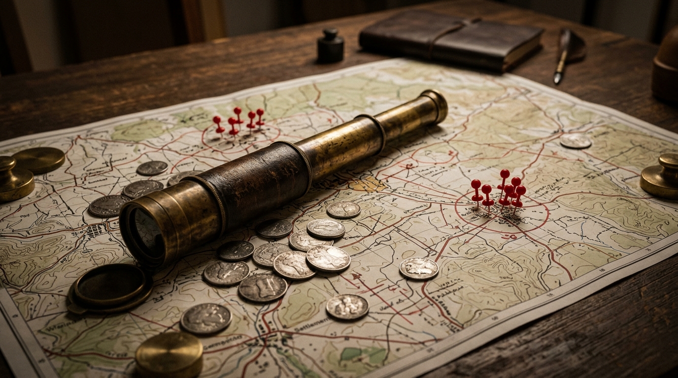 Brass spyglass and coins on a tactical map representing competitor keyword strategy and PPC tracking.