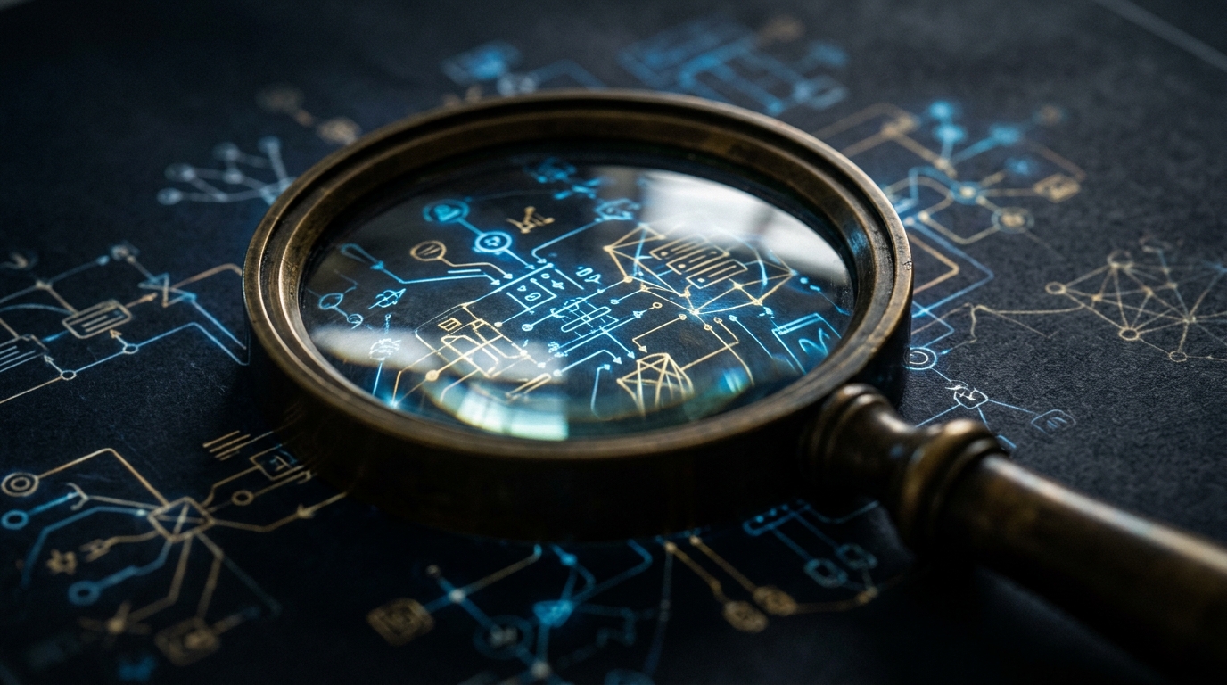 Brass magnifying glass over glowing network blueprint representing SEO strategy and search marketing data.