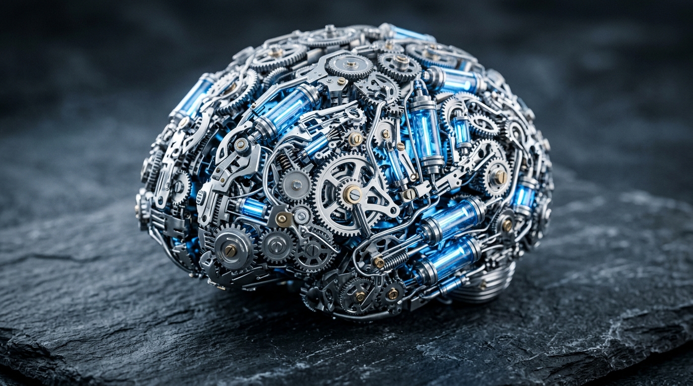 Intricate mechanical brain made of silver gears symbolizing complex reasoning and logic workflows.