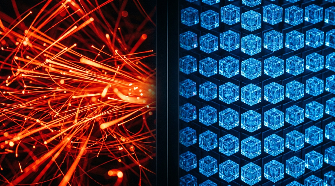 Abstract visual showing chaotic real-time data streams contrasting with structured logic cubes.
