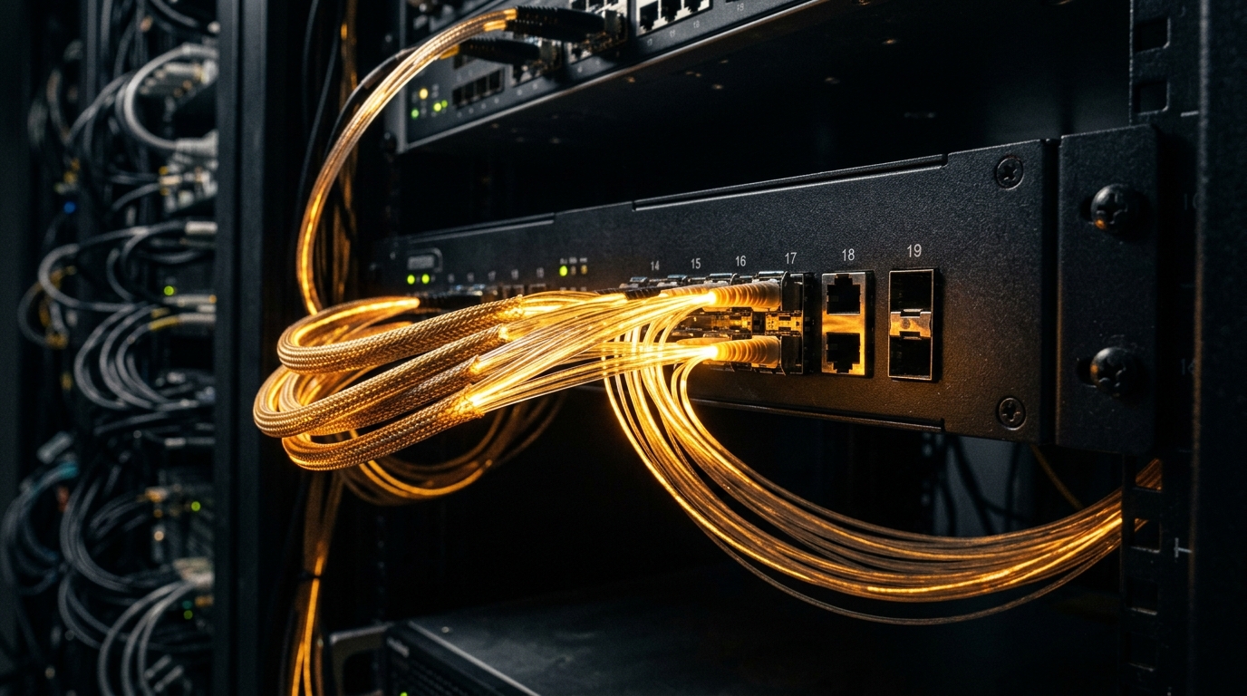 Glowing fiber optic cables extracting data streams from a central server unit.