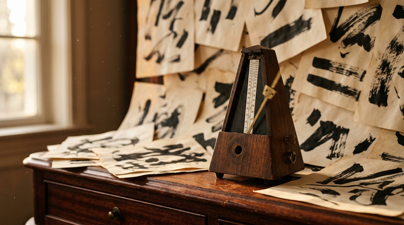 Vintage wooden metronome surrounded by scattered parchment papers showing varied ink strokes.