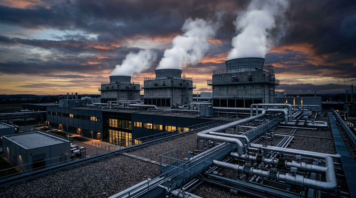 Massive cooling towers emitting steam on the roof of a data center facility.