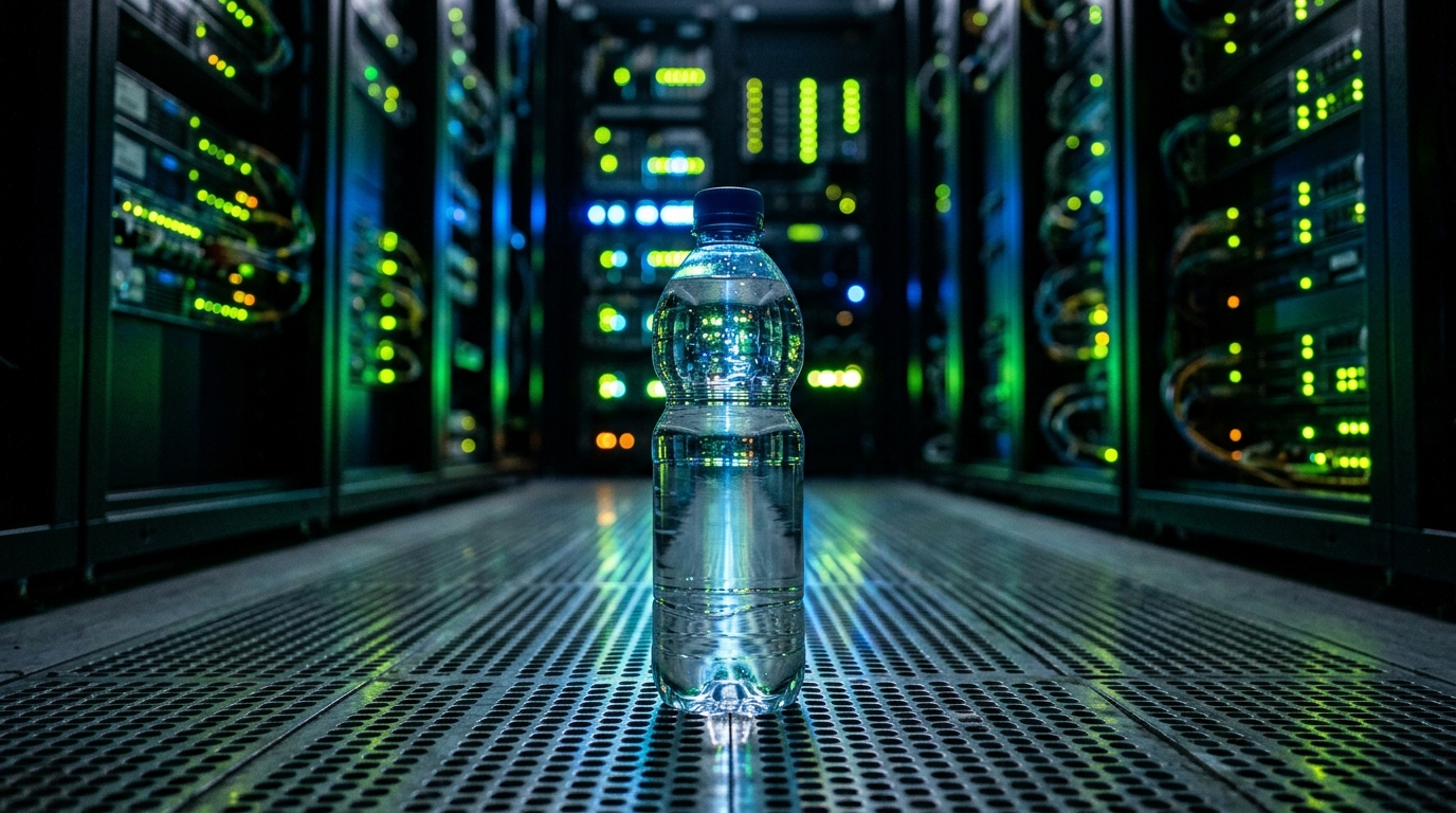 A 500-milliliter water bottle standing in a server room representing AI prompt costs.