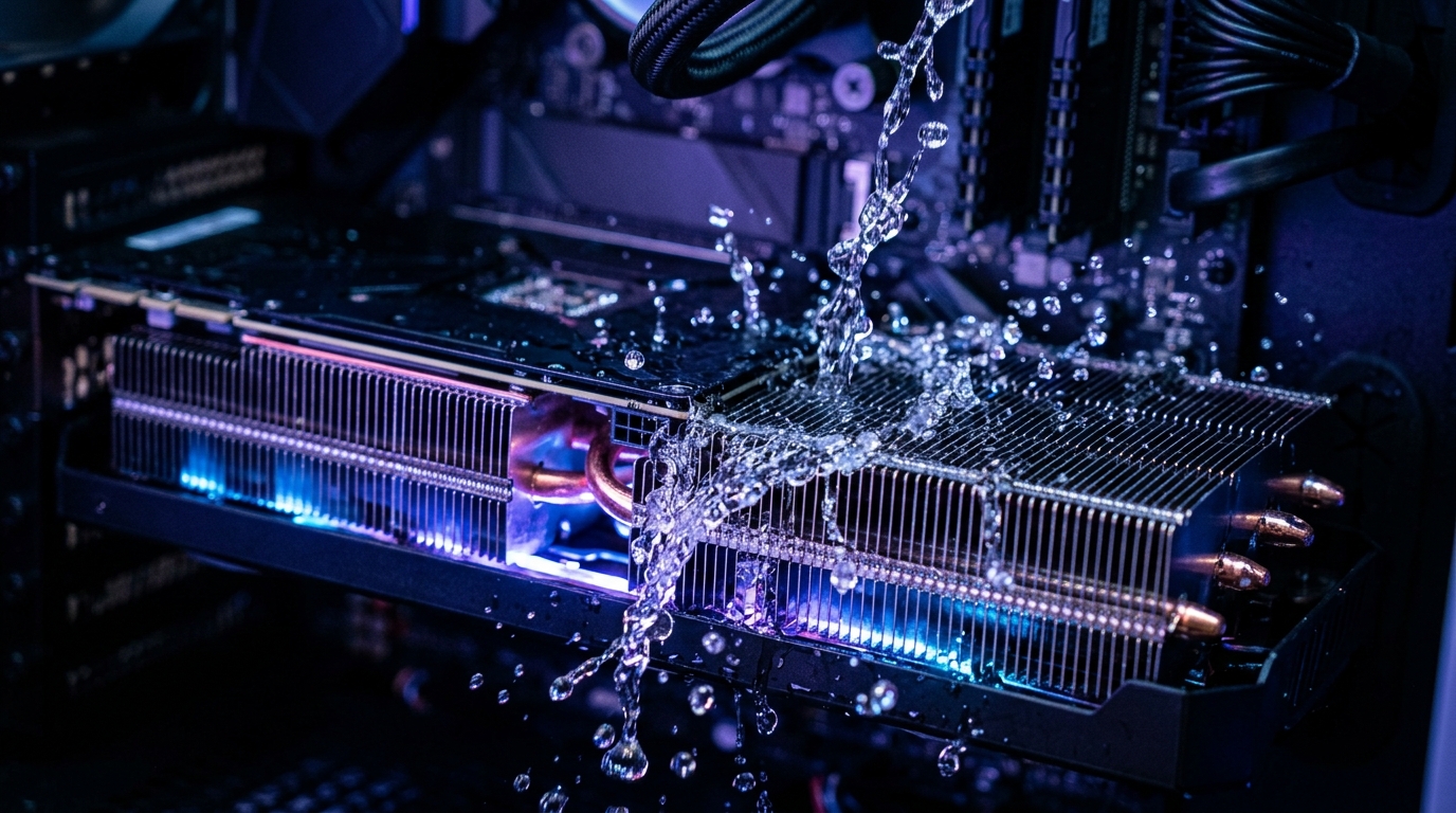High-performance GPU heat sink cooled by cascading water representing AI water consumption.