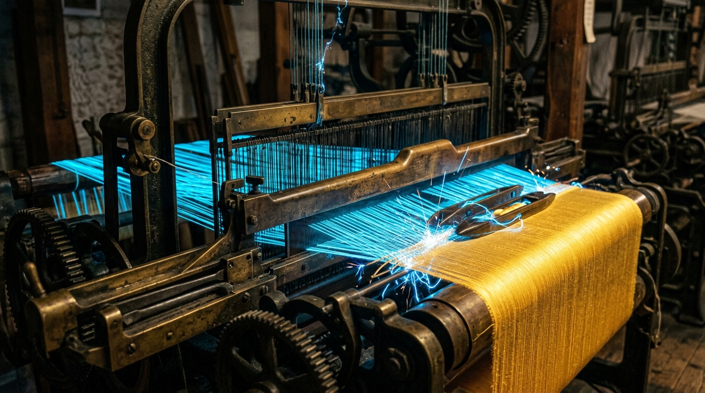 Antique mechanical loom weaving glowing blue threads into a seamless golden fabric.