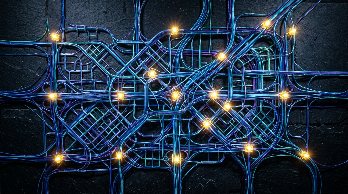 Complex physical map made of pulsing fiber optic cables featuring glowing golden intersection nodes.
