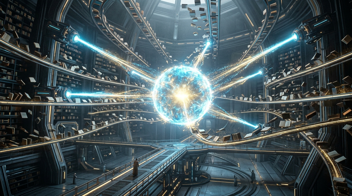 Futuristic library archive with light beams extracting data from books into a glowing sphere.