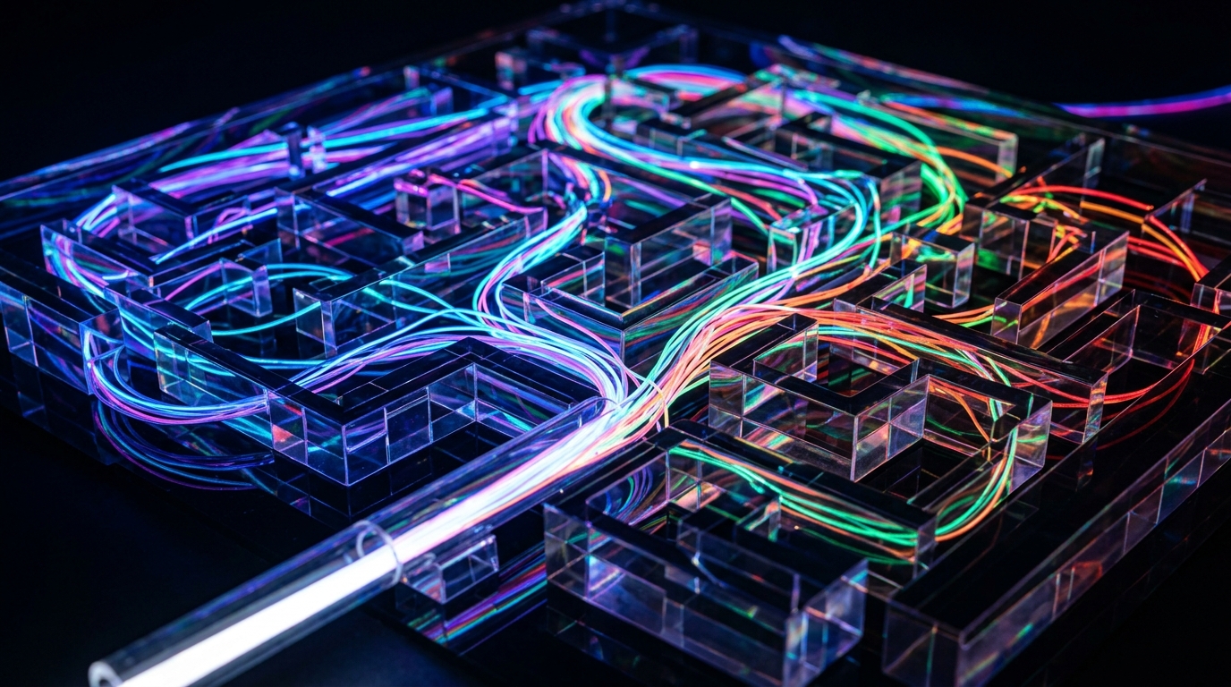 Fiber optic cables navigating an acrylic maze representing brand tracking across large language models.
