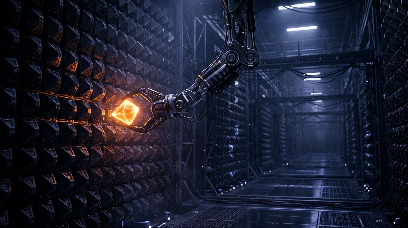 Robotic arm extracting a glowing data crystal, symbolizing AI search engine source citations.