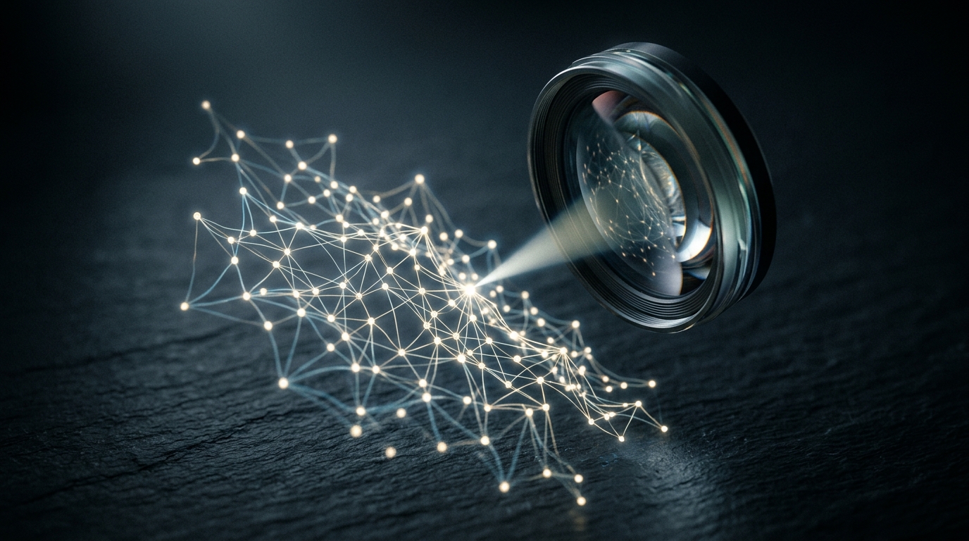 Glowing optical lens focusing on interconnected data nodes representing AI search monitoring tools.