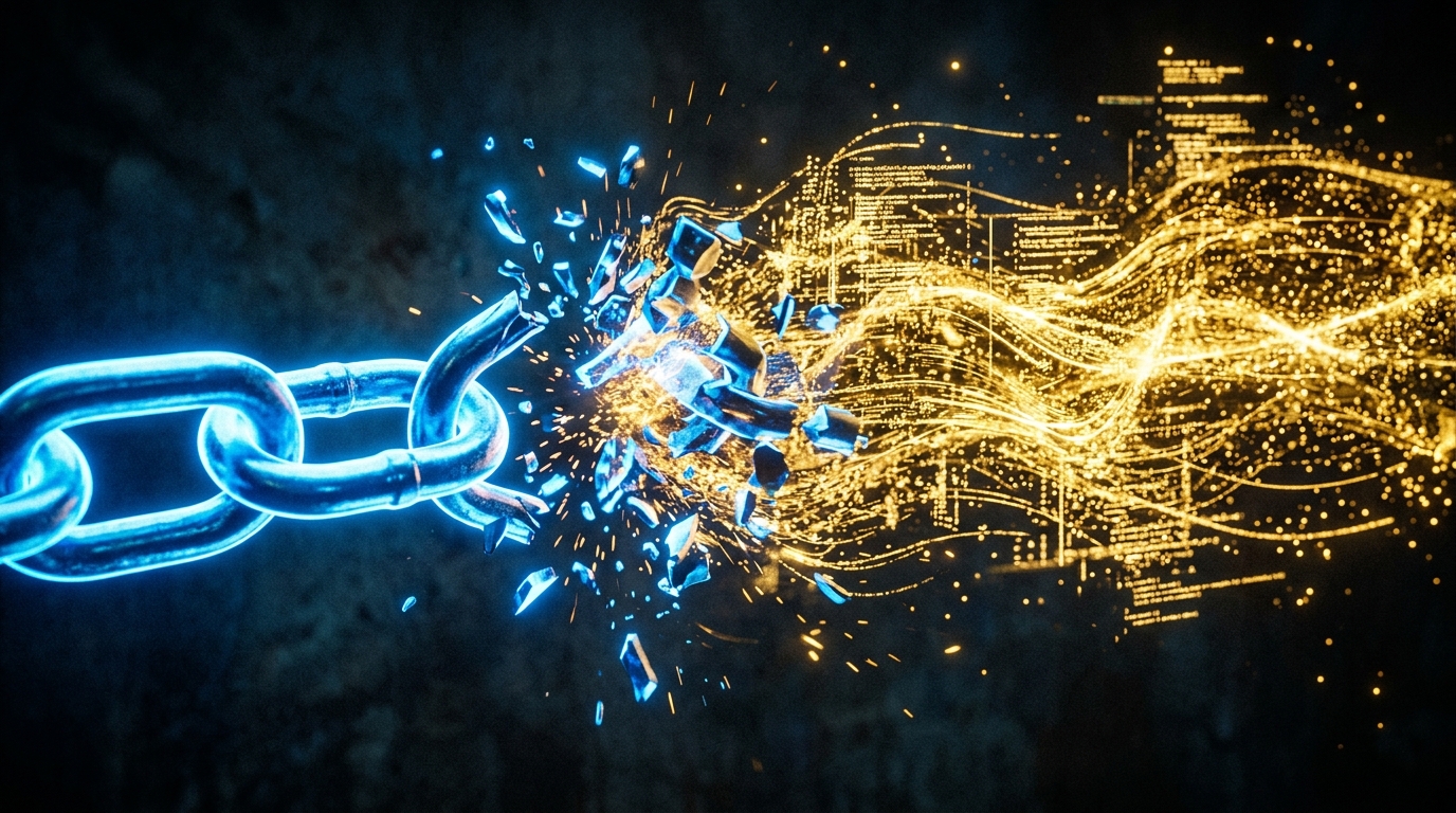 Glowing blue metal chain breaking into golden data particles representing generative AI search.