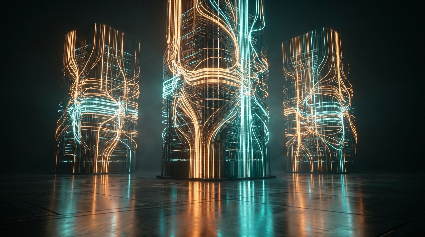 Futuristic data silos made of glowing fiber optic cables representing internal linking structures.