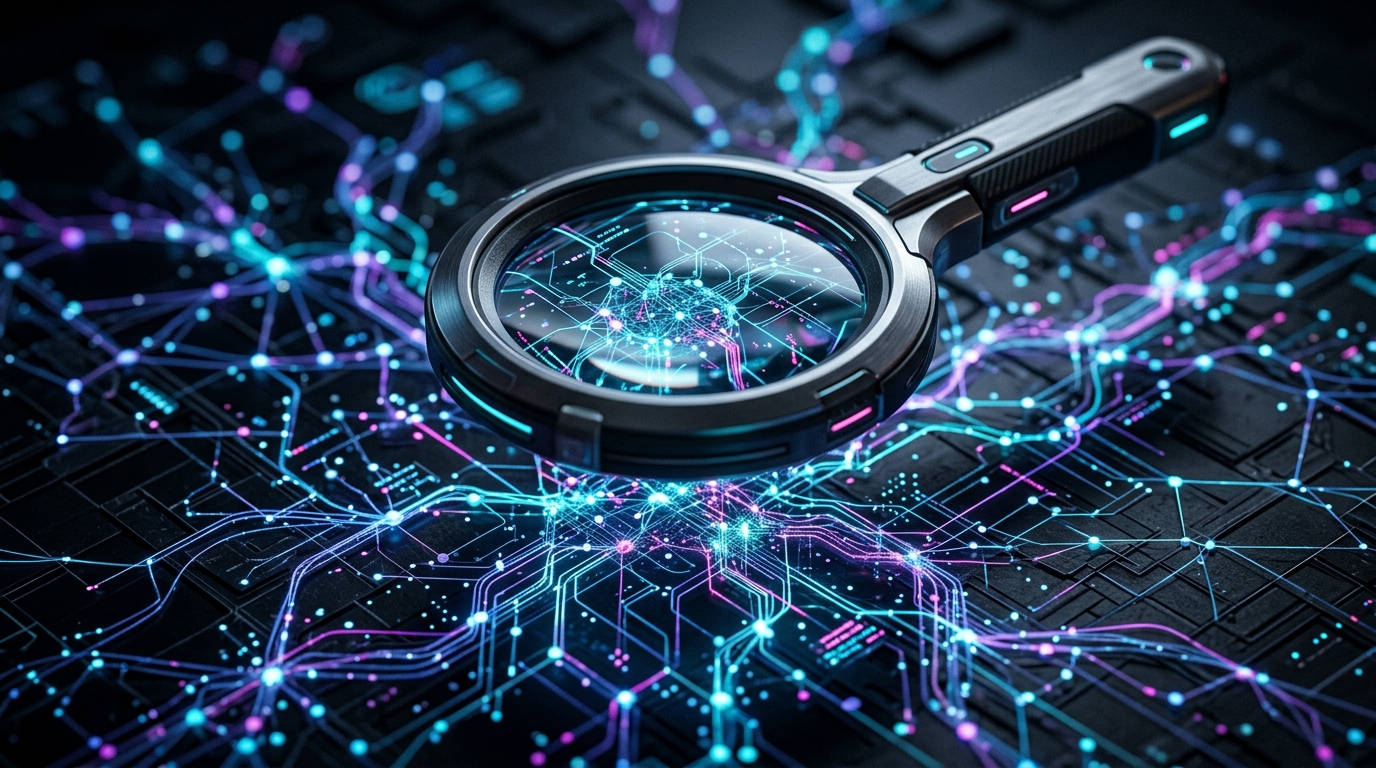 Futuristic magnifying glass analyzing a glowing neural network of AI search citations.
