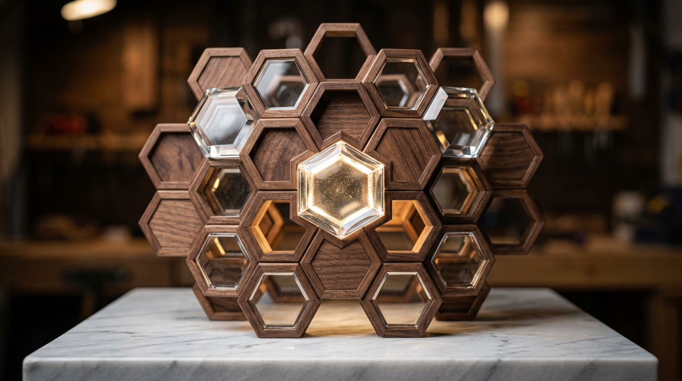 Interlocking glass and wood hexagons illustrating content structuring and topic clusters for AI search.
