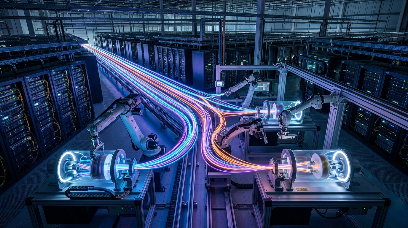 Glowing fiber optic cables and robotic arms sorting data in a modern server room.