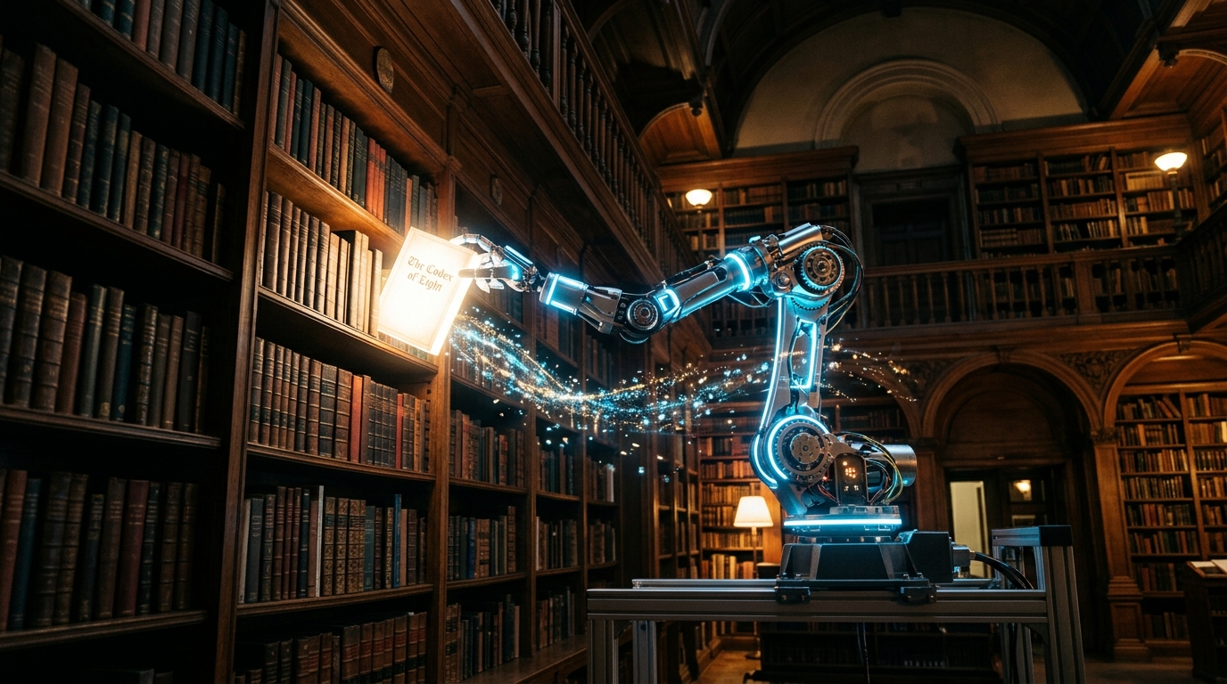 Futuristic robotic arm pulling a glowing book from a library shelf representing AI citations.