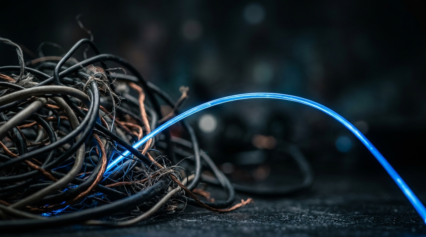 Glowing isolated fiber optic thread representing a clean ChatGPT conversation workspace.