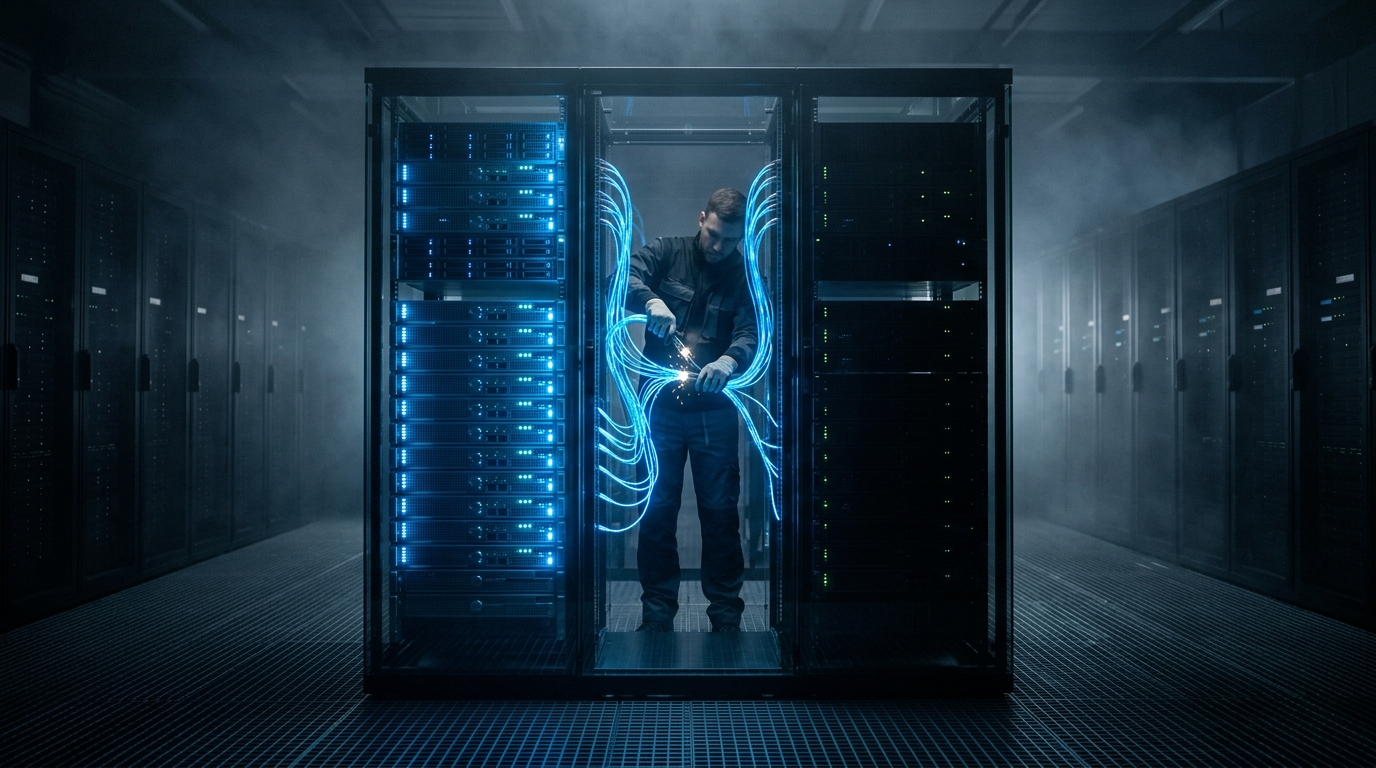 Dark data center server rack powering down to represent digital privacy and data removal.