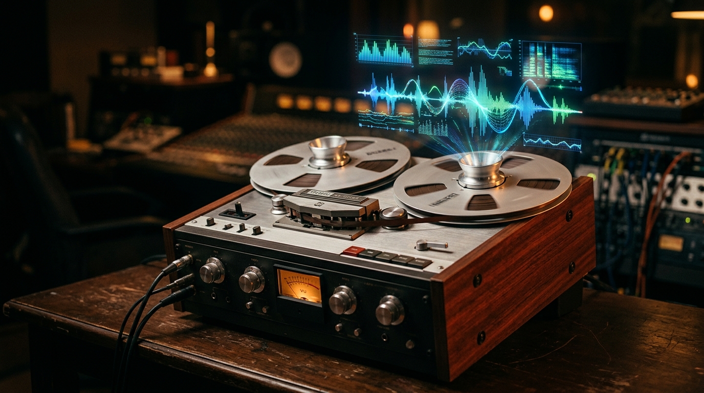 Vintage reel-to-reel tape recorder with glowing digital waveforms representing audio extraction.