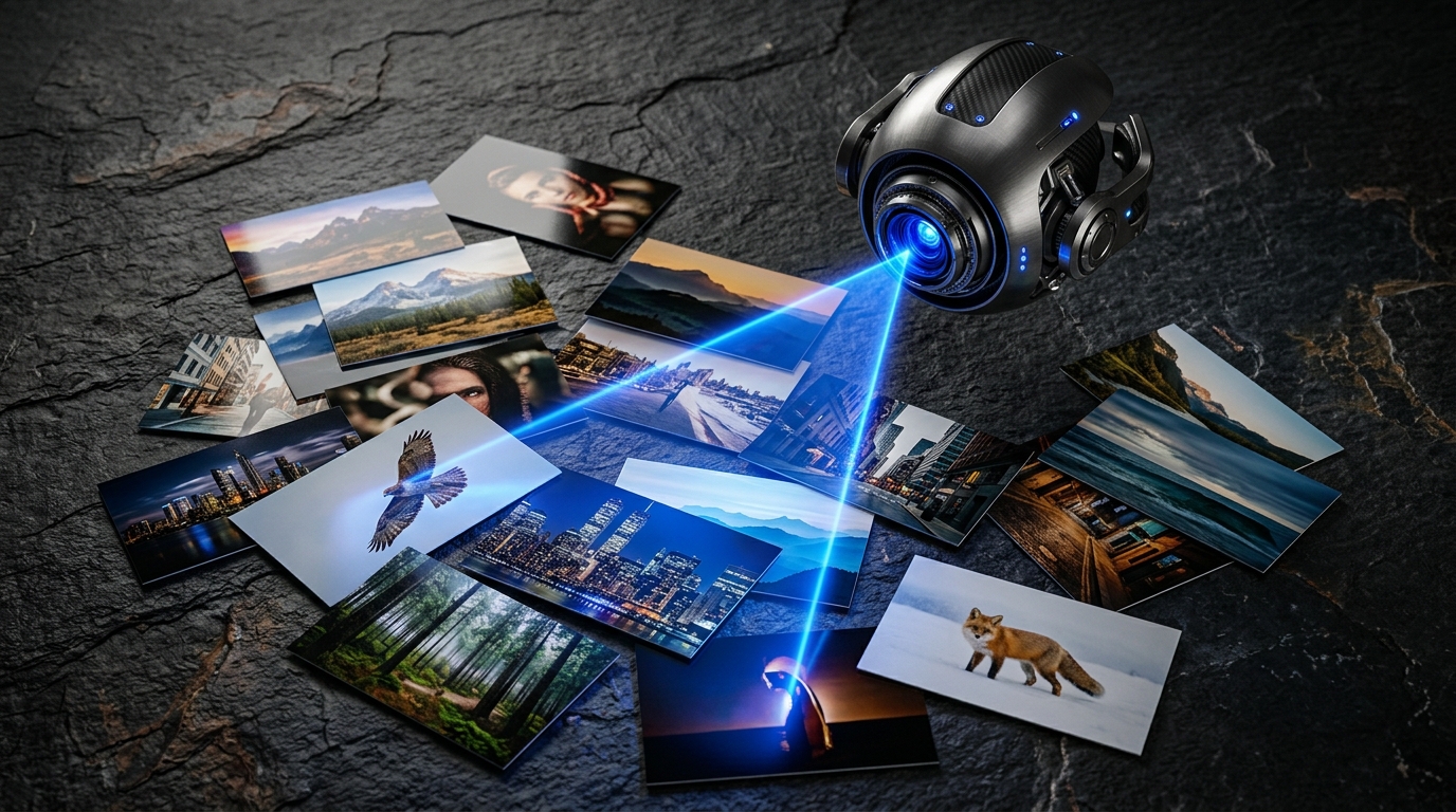 Robotic eye scanning printed photographic stills representing AI visual frame analysis.