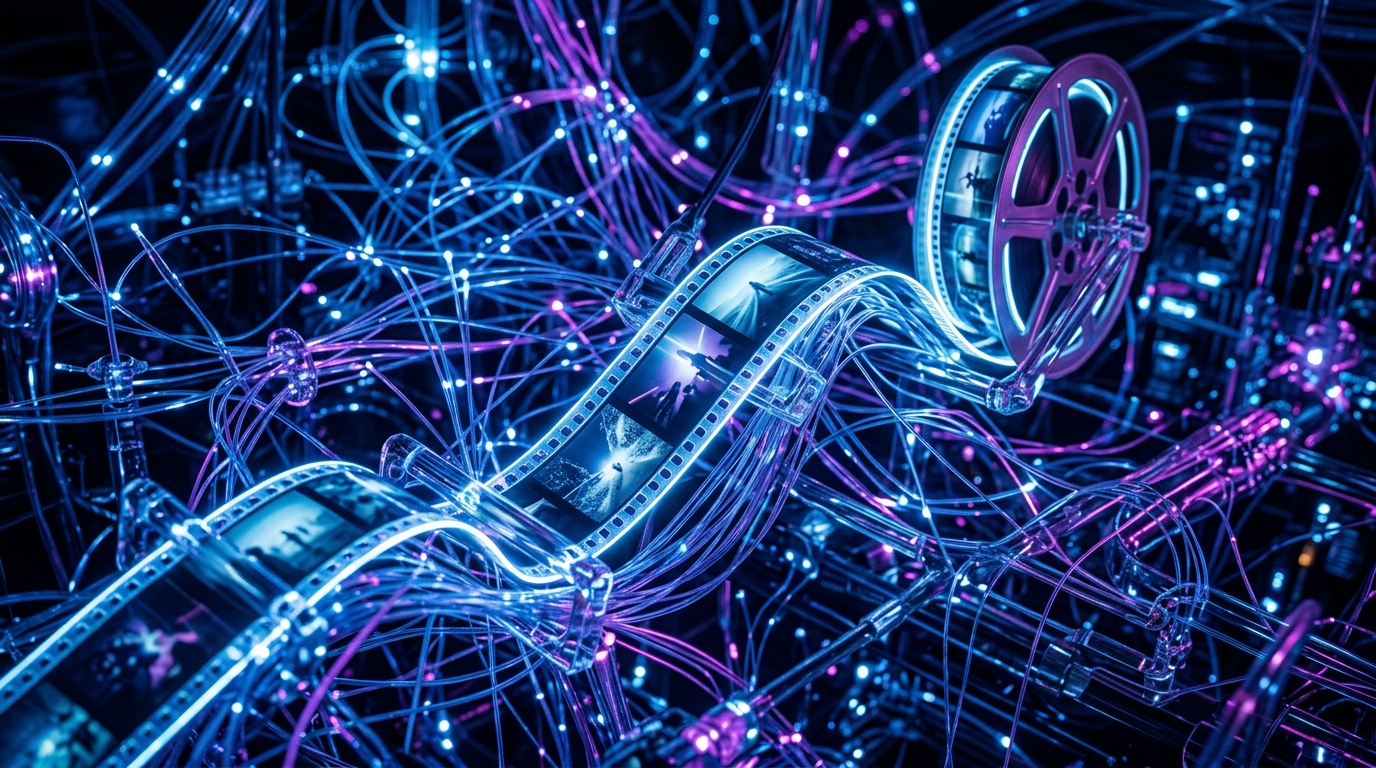 Glowing film reel intertwined with fiber optics representing AI video processing technology.