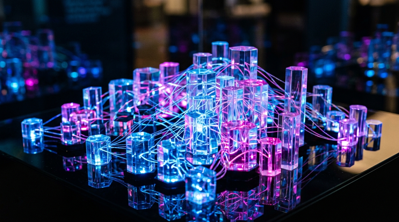 Complex 3D data visualization model made of illuminated acrylic blocks and fiber optic threads.