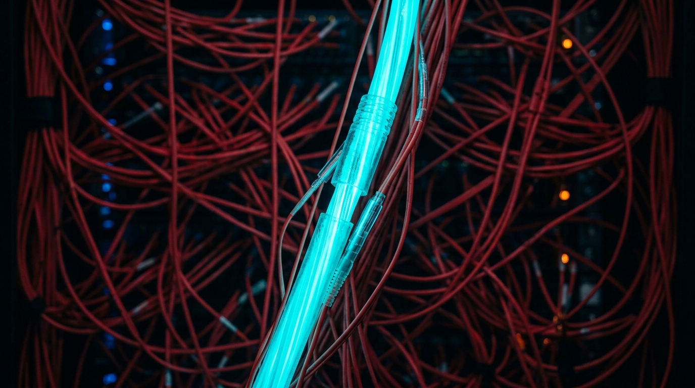 Glowing cyan fiber optic cable bypassing congested red cables representing priority server access.