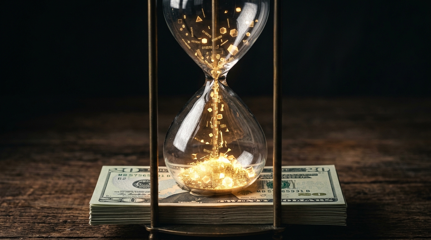 Glowing data particles flowing through an hourglass onto twenty-dollar bills representing AI subscription ROI.