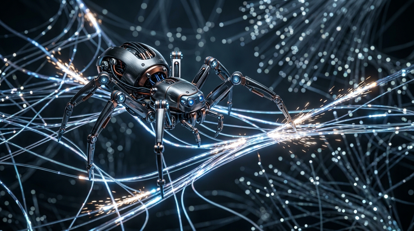 Metallic robotic spider navigating a glowing web of optical fibers representing SEO crawling.