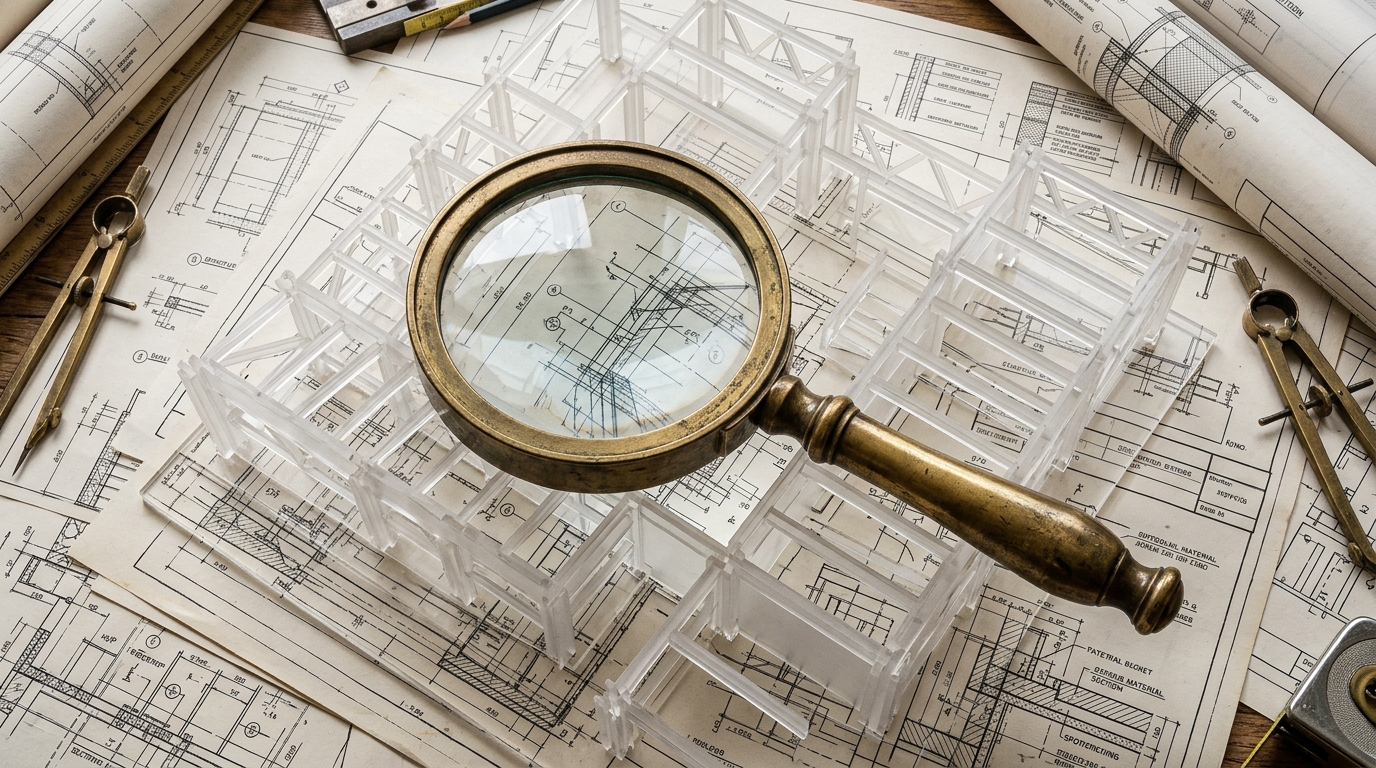 Magnifying glass examining complex architectural blueprints representing deep technical SEO site audits.