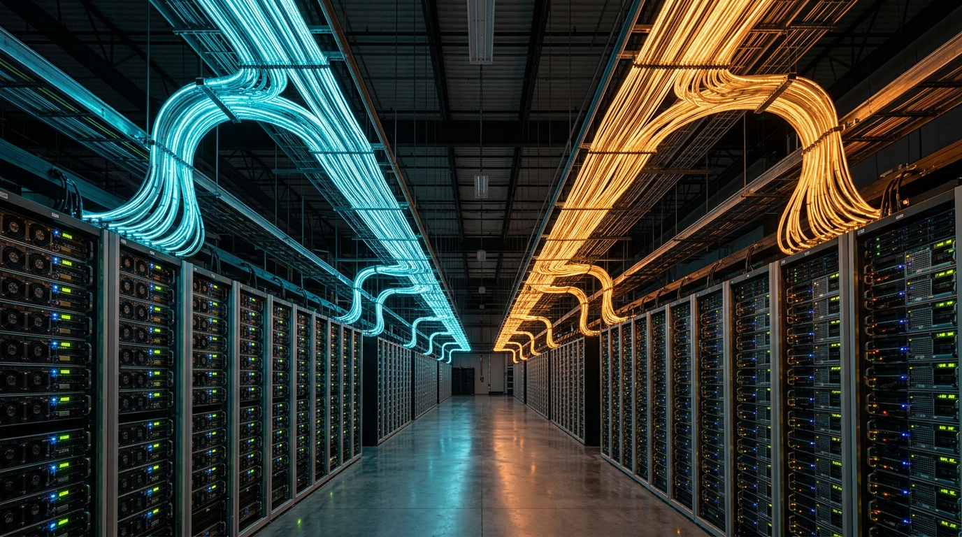 Massive server room with splitting fiber optic cables representing different SEO crawler infrastructures.
