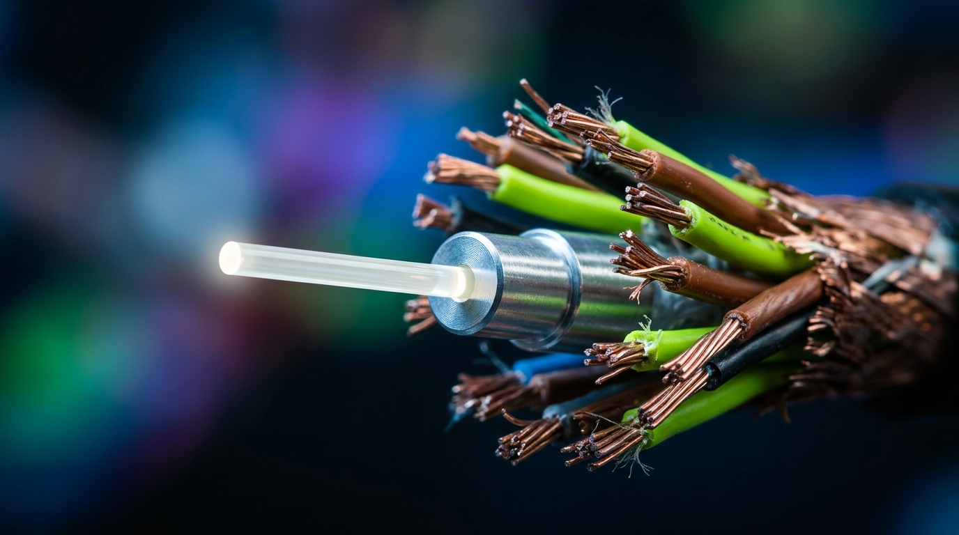 Severed toxic green cables isolated from a pristine white central fiber optic core.