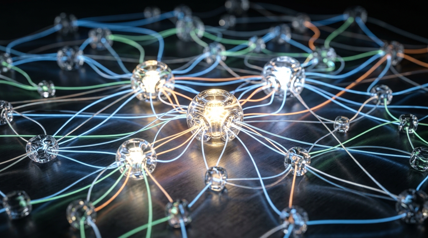 Macro view of connected glass nodes representing a vast database of digital backlinks.