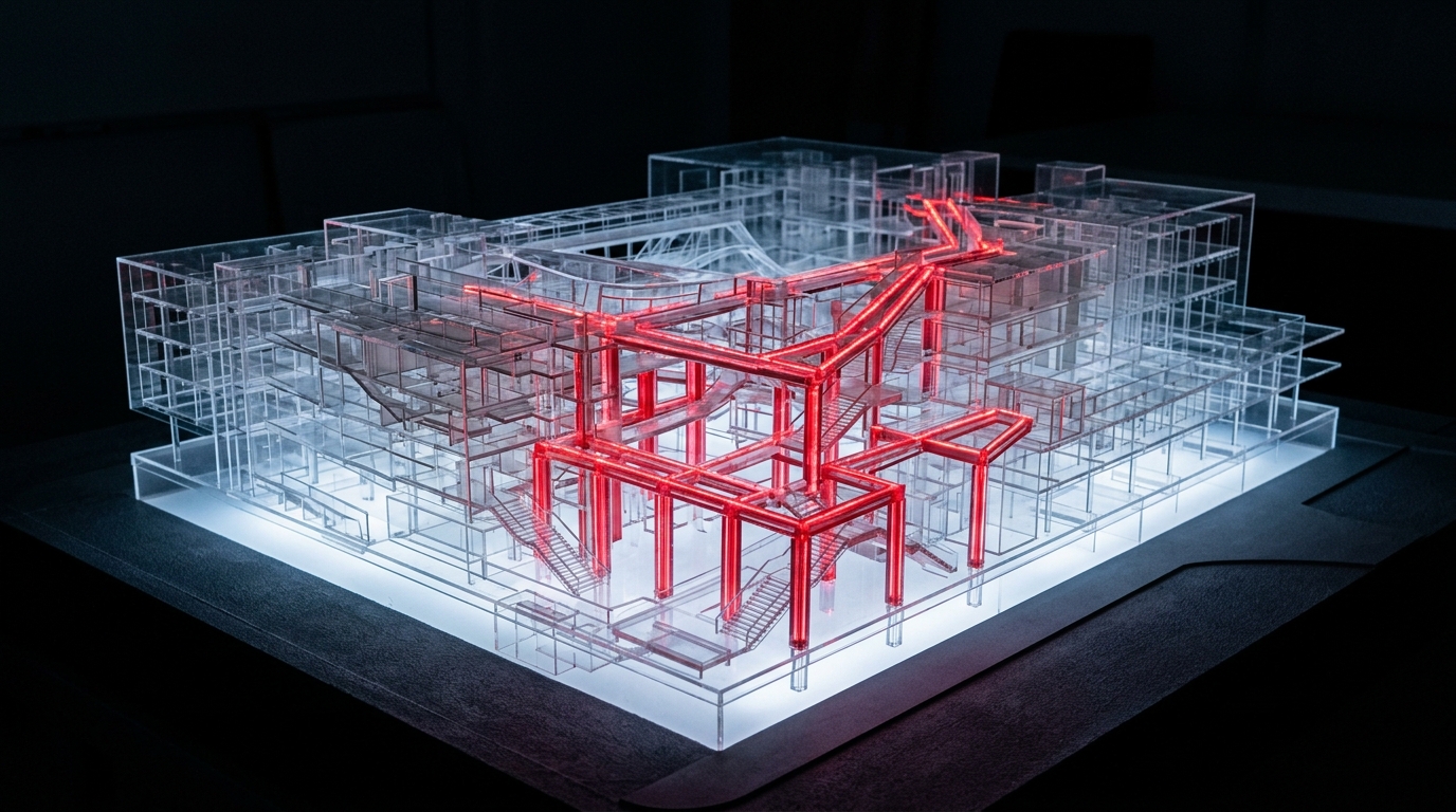 Translucent architectural model with glowing red pillars depicting technical site audit errors.
