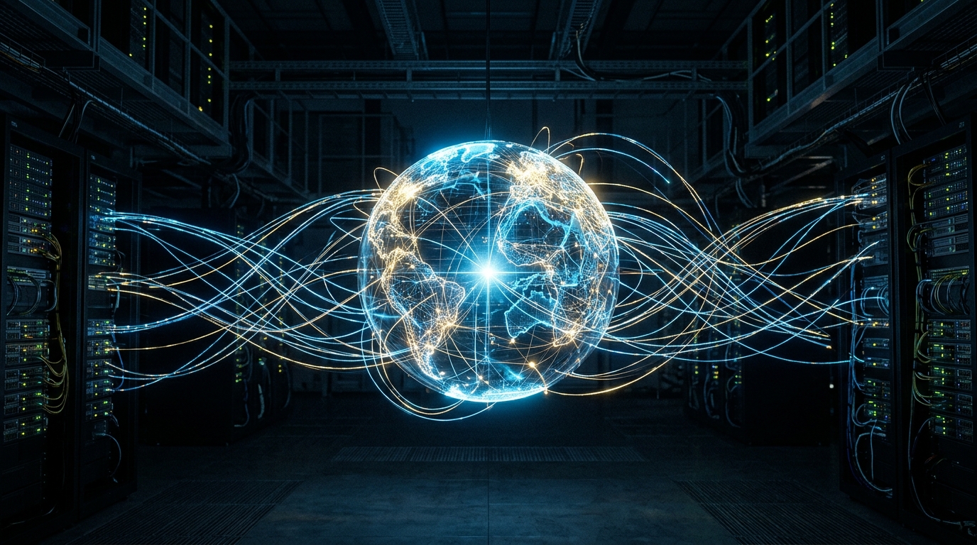 Glowing glass globe with fiber optic cables representing global search data and SEO mapping.