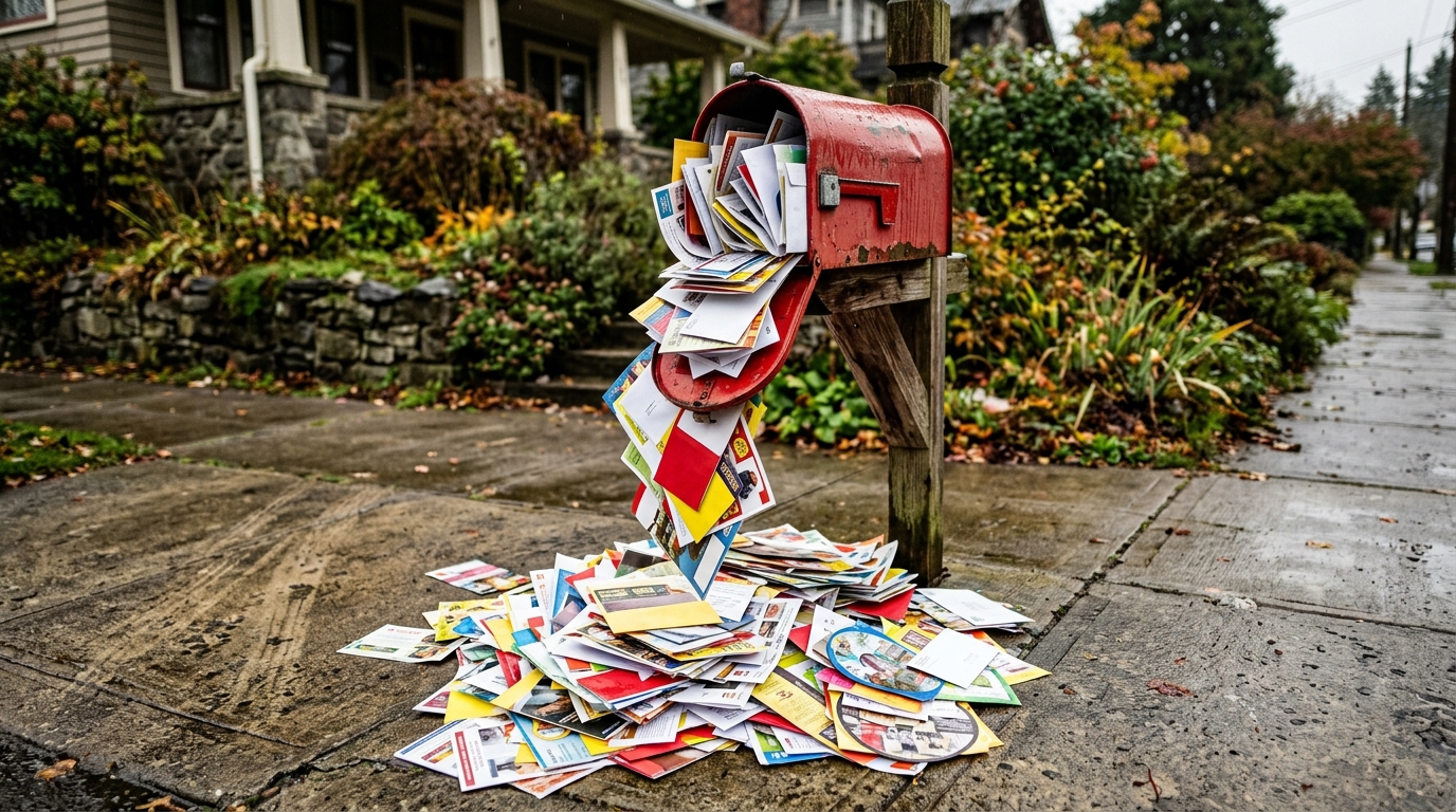 Red mailbox overflowing with colorful junk mail and promotional flyers on concrete.