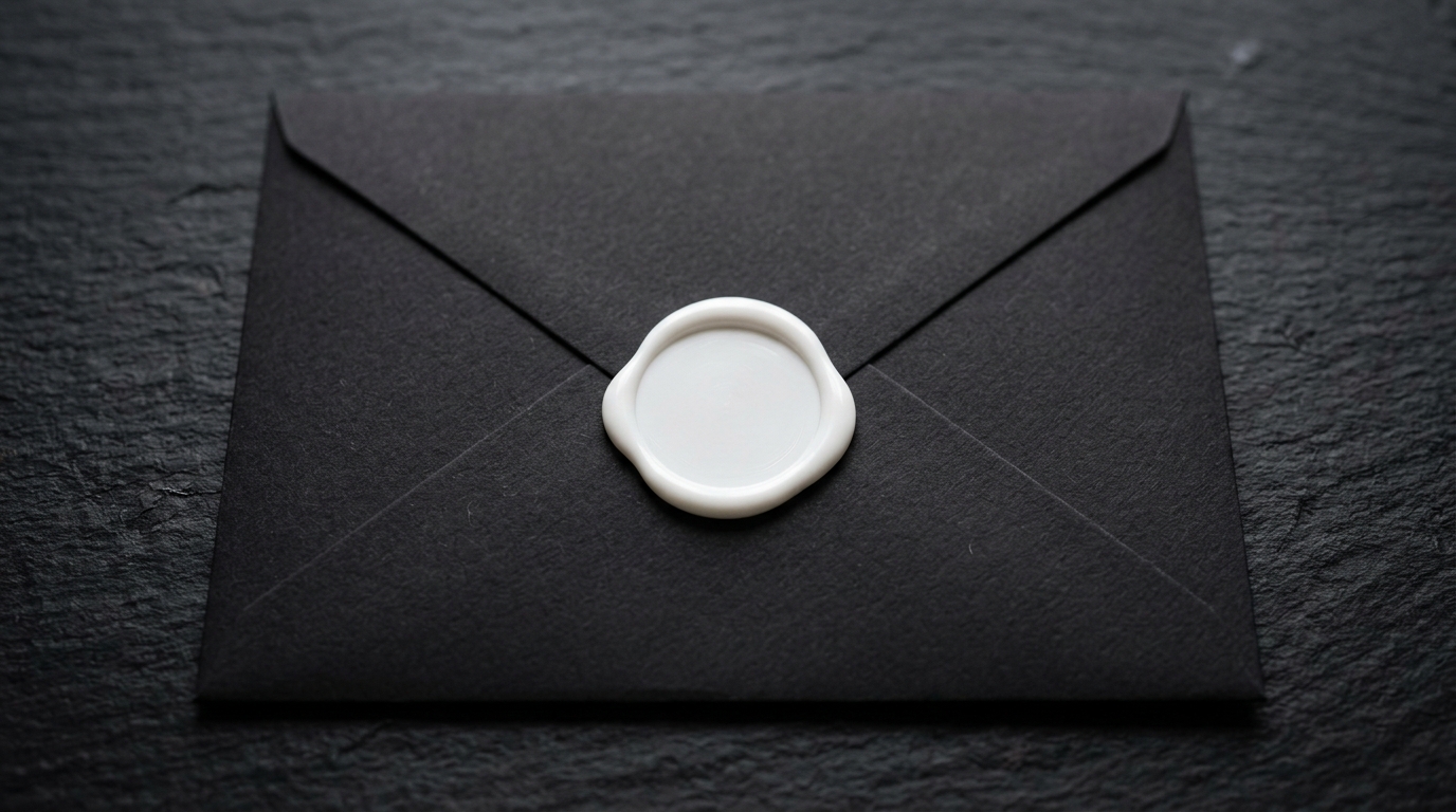 Blank white wax seal on a black envelope symbolizing anonymous communication.