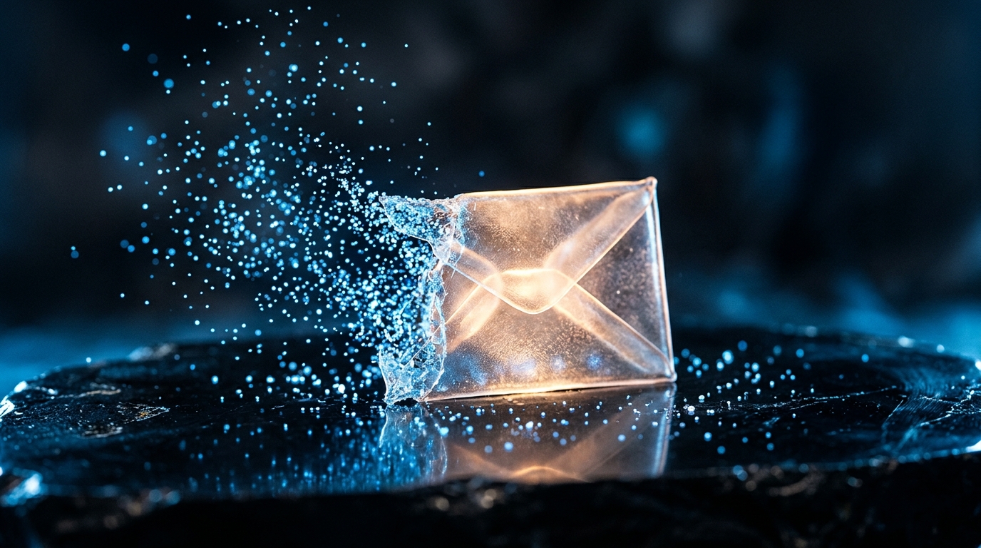 Glowing glass envelope dissolving into particles representing temporary disposable email privacy.