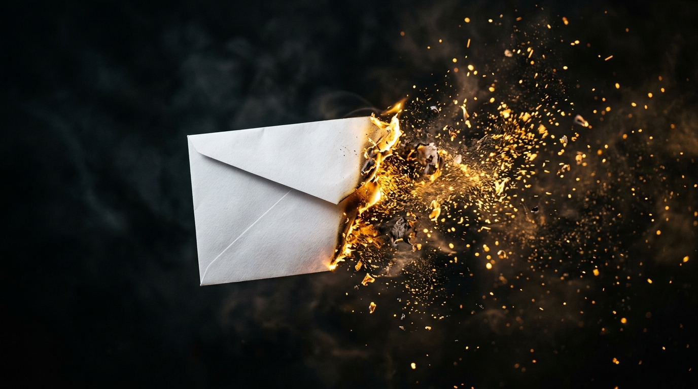 A white paper envelope dissolving into glowing embers and ash in mid-air.
