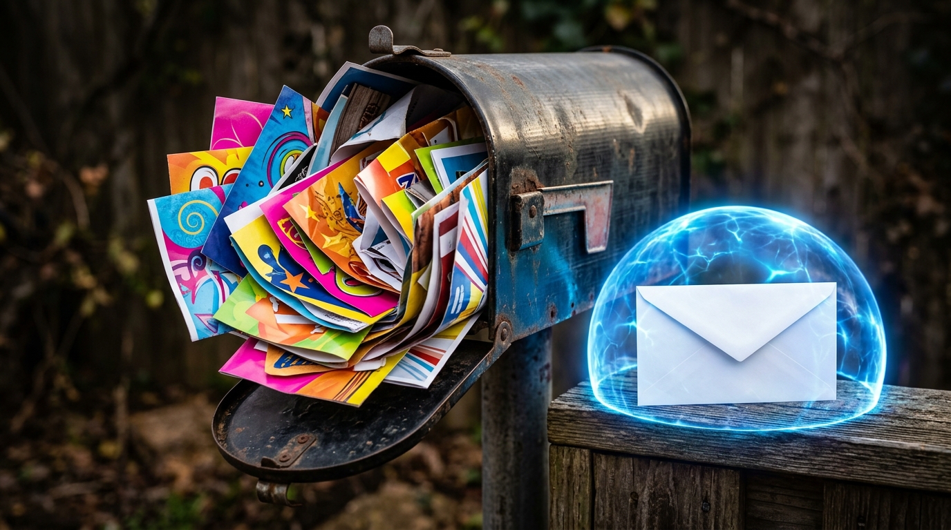 A glowing protective shield covering a clean envelope next to a mailbox overflowing with junk mail.