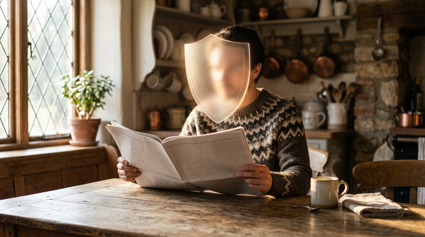 Person reading a newspaper at a kitchen table with their identity shielded for privacy.