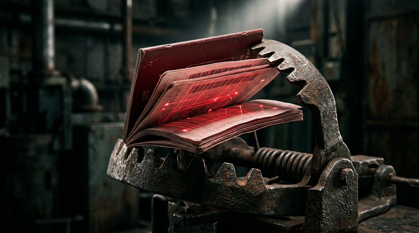 Worn passport glowing with red barcodes caught tightly inside a steel mechanical trap.