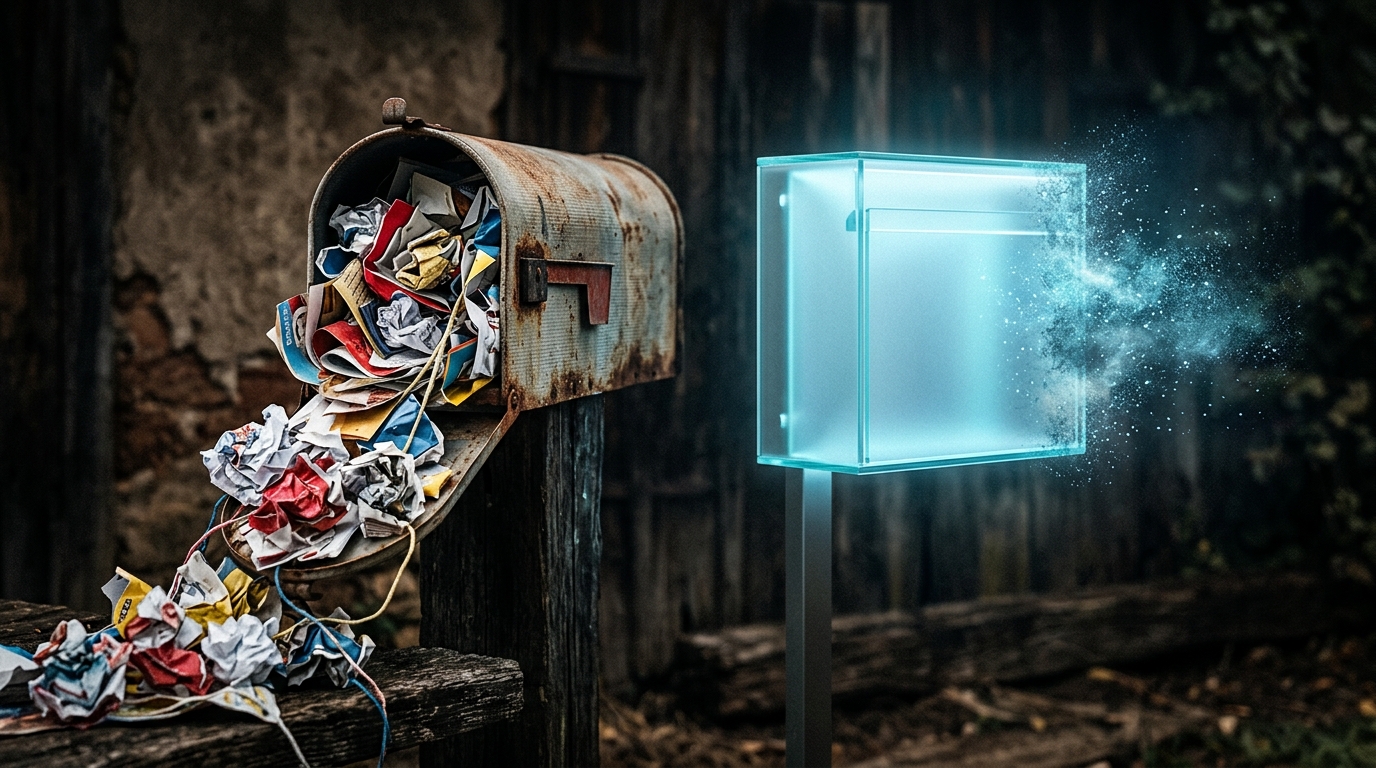 Overflowing traditional mailbox next to a glowing glass mailbox dissolving into dust.