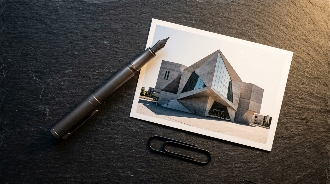 A titanium pen, glossy photograph, and metal clip on slate representing text, images, and files.