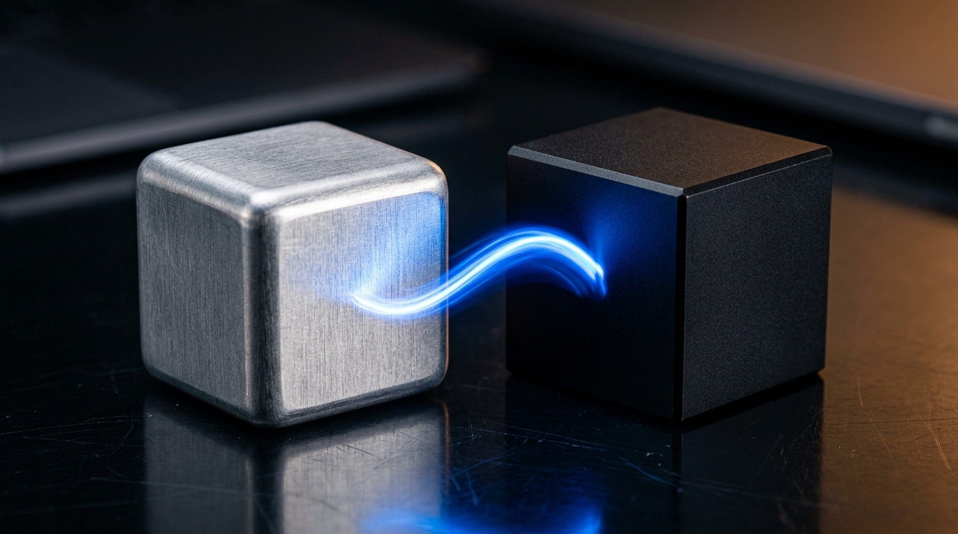 Two distinct metallic blocks connected by a glowing light streak representing seamless cross-platform syncing.