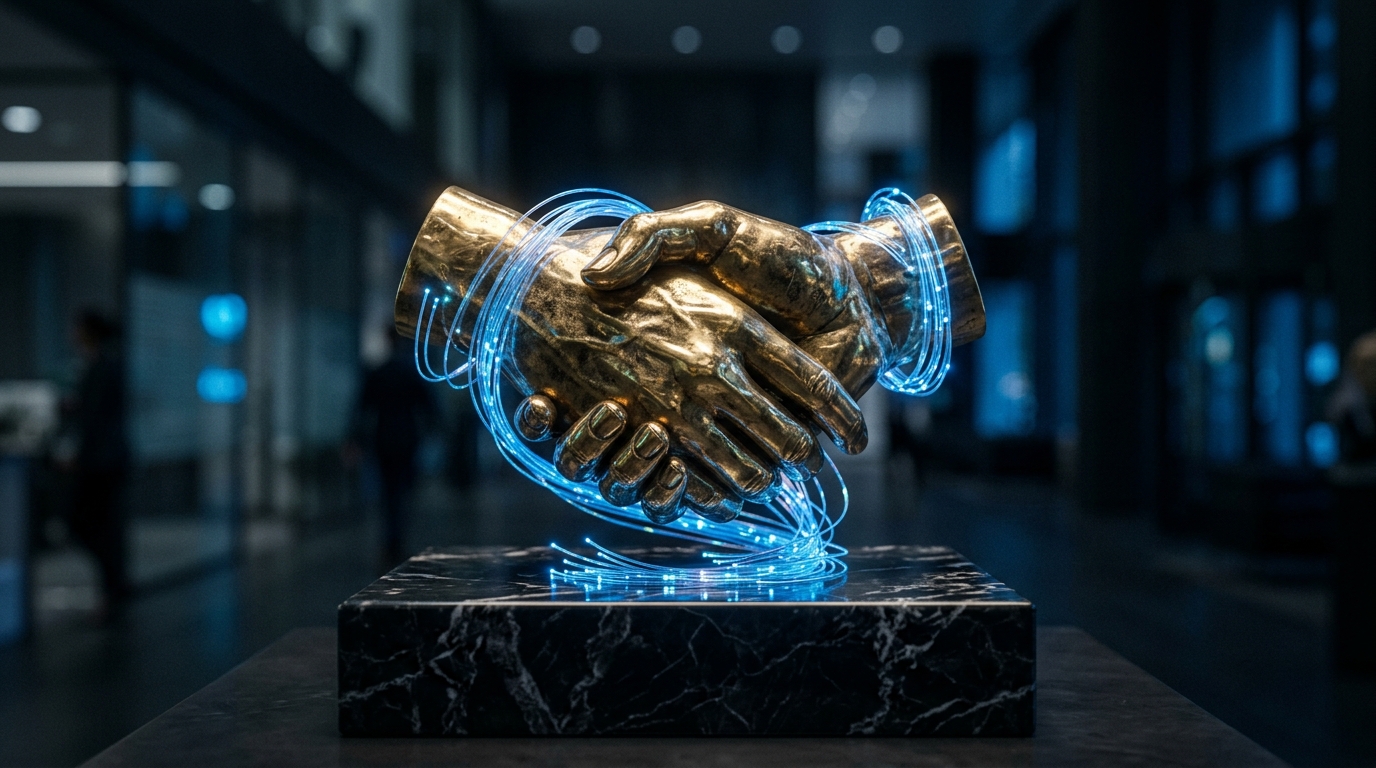 Polished brass handshake statue intertwined with glowing blue fiber optic cables representing AI sales.